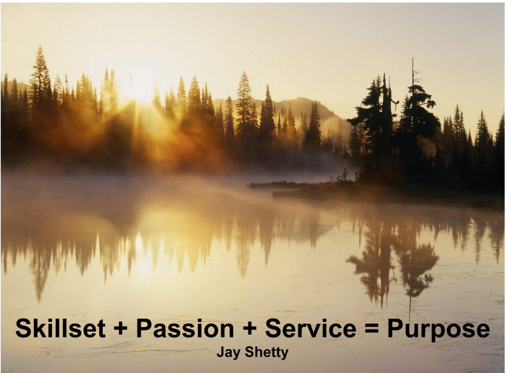 Photo of a sunrise over a lake with the trees of the shoreline in the distance. Text by Jay Shetty: Skillset plus passion plus service equels purpose.