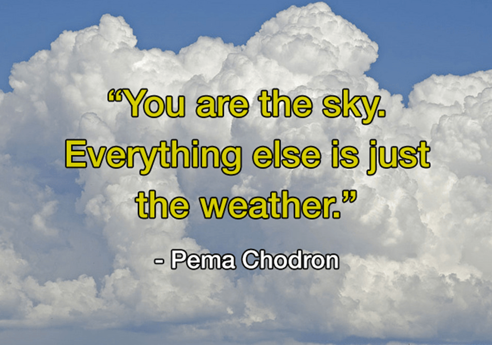 Picture of a cloudy sky. You are the sky. Everything else is just the weather. Quote by Pema Chodron.